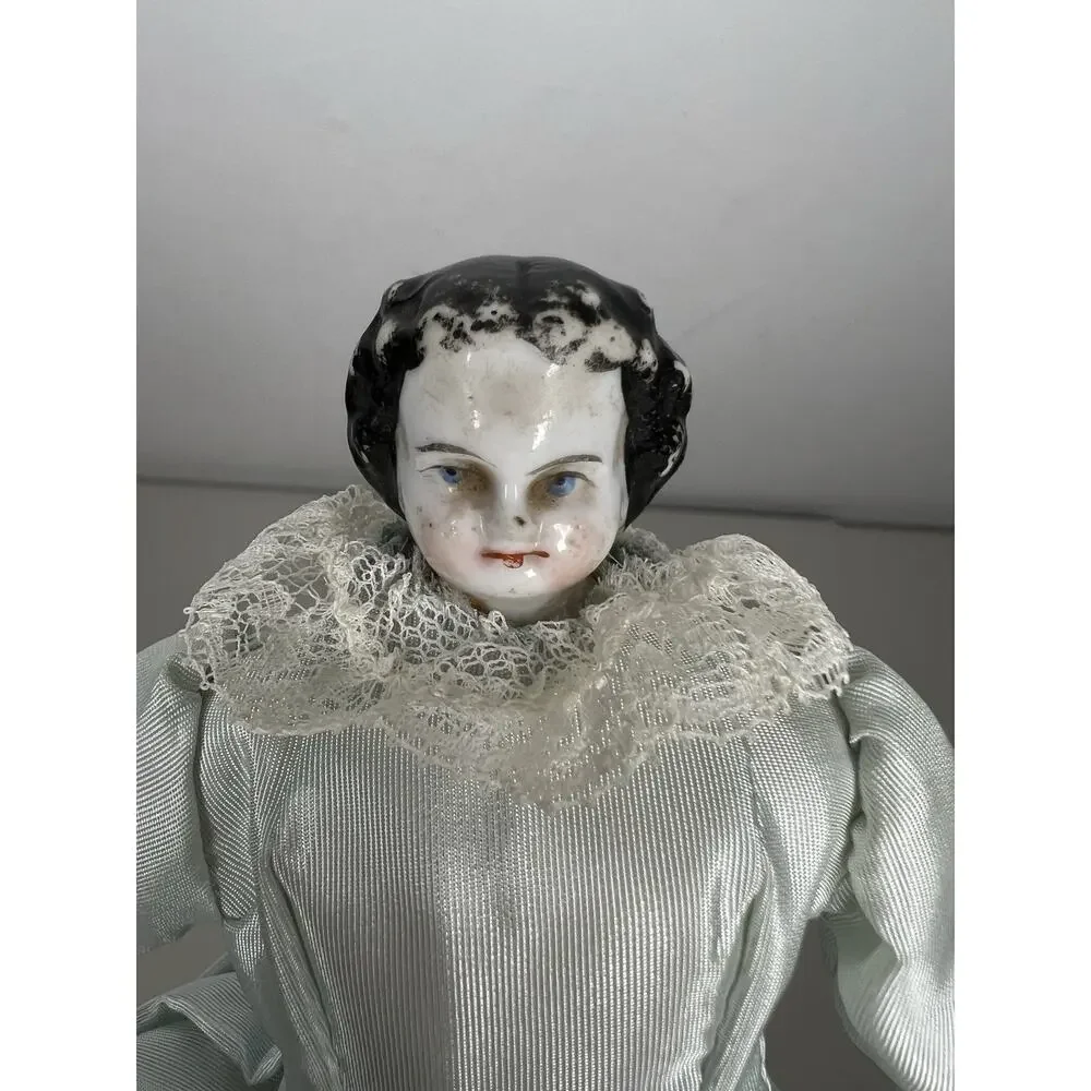 Antique Porcelain Head German China Doll Cloth Body Blue Dress